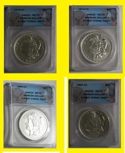 1878-1881 MORGAN CC SILVER DOLLAR ANACS MS 70 FIRST STRIKE 4 COINS set FIJI - Bild 1 von 2
