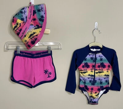 NWT Tommy Bahama Size 2T blue pink long sleeve swimsuit Shorts & Hat set girls - Image 1 of 4