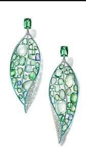 Syn Emerald Green Willow Leaf Design Dangle Earrings 925 SS Cocktail Jewellery
