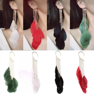 Womens Feather Long Tassels Dangle/Drop Earring Ladies Boho Earrings Jewellery - Image 1 of 4
