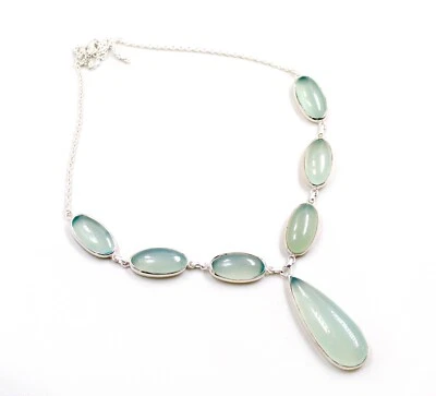 CHALCEDONY GEMSTONE STATEMENT SILVER NECKLACE 18" SOLID 925 STERLING SILVER - Image 1 of 4