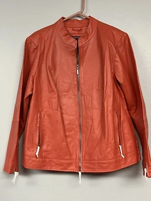 橙色珊瑚色 100% 皮革摩托夹克全拉链 Jessica London 女式 20 — 第 1/4 张图片