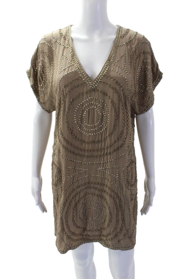 Haute Hippie Womens Silk Studded V Neck Short Sleeves Dress Brown Size Small - Image 1 of 4