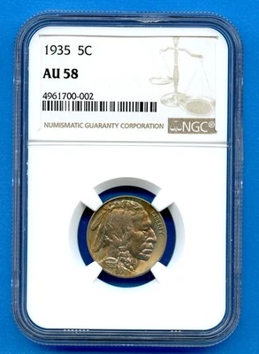 1935 P NGC AU58 Buffalo Nickel 5c US Mint Coin 1935-P AU-58 Rainbow - Image 1 of 3