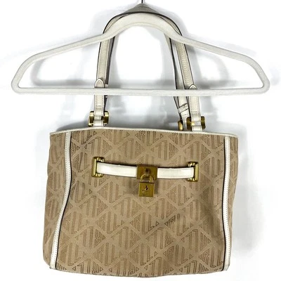 Bolsa satchel Ralph Lauren monograma lona bronzeada ombro acabamento couro trava - Imagem 1 de 4