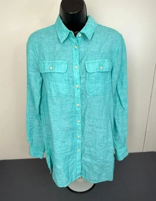 Blusa Lands' End Feminina Linho Manga Longa Clássica Turquesa Tamanho XS - Imagem 1 de 4