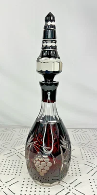 Vtg 15" Bohemian Czech Ruby/Cranberry Red Crystal Decanter Glass Cut to Clear - Image 1 of 4