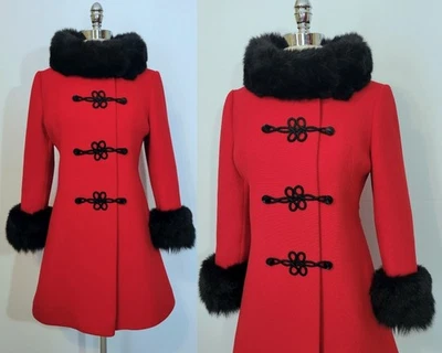 Gorgeous 1960s Jackie Stuart Red Wool Black Fur Trim Princess Coat S Petite - Image 1 of 4