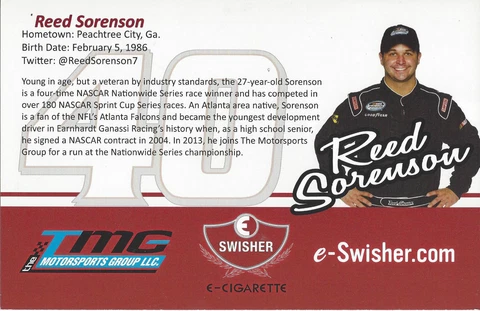 2013 REED SORENSON SWISHER TMG #40 NASCAR NATIONWIDE SERIES POSTCARD Cover