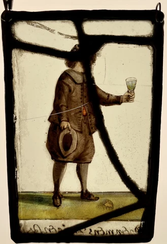 Antique 17th C. Dutch Flemish Stained Glass Window Panel Peasant Man Drinking Cover