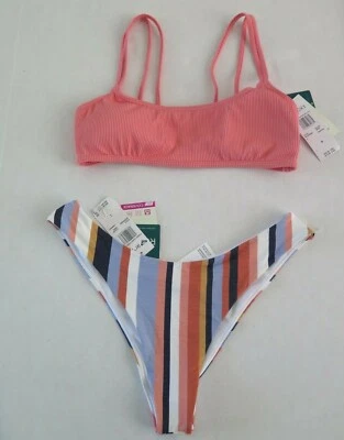 Roxy Women's Sz M Coral Bralette Top Sz L Striped Cheeky Bottom Swimsuit Set - Image 1 of 4