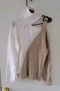 Asymmetric Shoulder Crochet Sweater Women's Beige White Turtle Neck Size S (6-8) - Picture 1 of 14