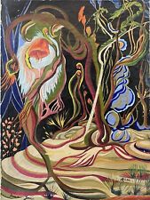 🔥 Vintage Modern Surrealist Psychedelic Desert Landscape Oil Painting, 1960s