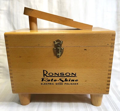 Винтажная деревянная коробка для блеска обуви Ronson с голубиным хвостом, с электрическим полировщиком, щетками - Изображение 1 из 4