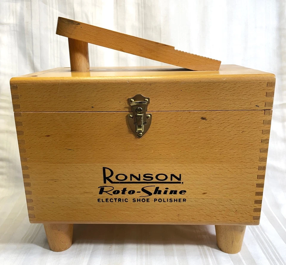 Vintage, Ronson, Caixa de Brilho de Sapato de Madeira Cauda de Pomba, Com Polidor Elétrico, Escovas - Imagem 1 de 4