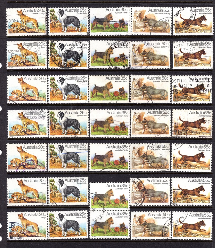 1980 DOG Stamps DINGO COLLIE KELPIE TERRIER & CATTLE DOG Australia - 7 Used Sets - Image 1 of 1