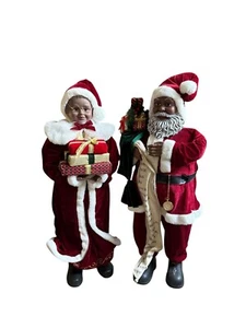 African American Mr. & Mrs. Santa Claus 34" Tall Red Velvet Light Up Greenery - Picture 1 of 9