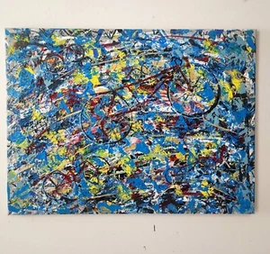 Red Bicycles Painting Abstract, Original Art, Acrylic on Canvas signed by artist - Picture 1 of 7