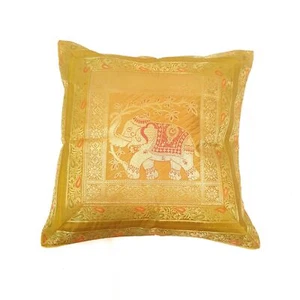 16x16 Inch Cushion Cover Mustard Elephant Woven Zari Brocade Banarasi Silk Decor - Picture 1 of 9