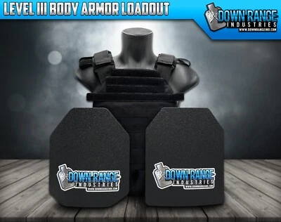 DOWN RANGE INDUSTRIES AR500 Level 3 III Body Armor Plates - 10x12 with Molle Vest - Med-2XL Adjustable