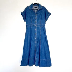 Witchery Denim Dolman Midi Dress Size 12 Indigo Blue Button Front Pockets - Picture 1 of 7