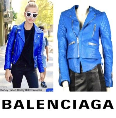 Chaqueta de motociclista Balenciaga 2013 de cuero azul 36 38 40 2 4 6 abrigo acolchado S M Foto 1 de 4