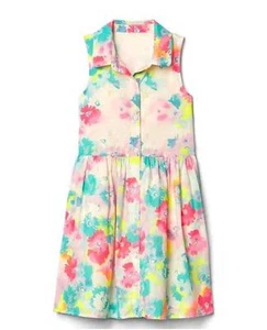 New Gap Kids Girl Watercolor Floral Ivory Pink Green Sleeveless Shirt Dress 8 10 - Picture 1 of 4