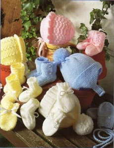 Baby Knitting Pattern Copy Bonnets Booties in 8 ply Premmie to 12 months - Picture 1 of 2