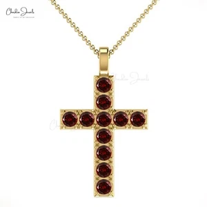 2mm Genuine Garnet Cross Pendant 14k Solid Gold Necklace Religious Gift For Wife - Picture 1 of 22