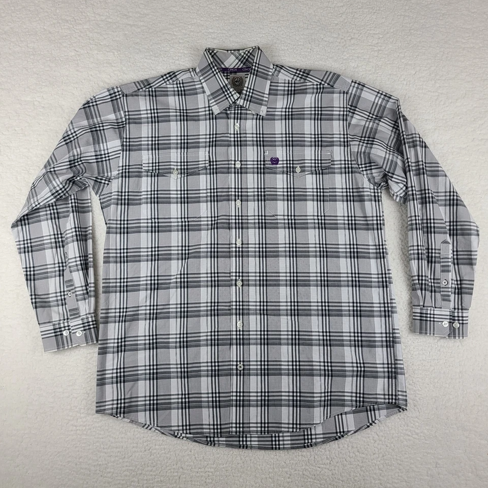 Camisa de vestir Cinch para hombre gris medio negra a cuadros solapa bolsillos abotonados Foto 1 de 4