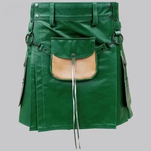 Green Leather Kilt for Men Handmade Utility Kilt 100% Leather Celtic Style - Picture 1 of 2