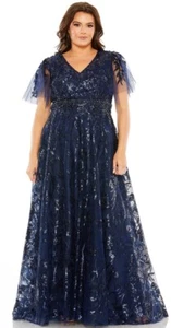 Mac Duggal Floral Gown Dress Size 14 Blue Embroidered Sequin Tulle 20469 $798 - Picture 1 of 17