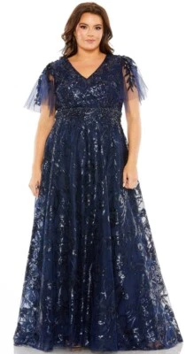 Mac Duggal Floral Gown Dress Size 14 Blue Embroidered Sequin Tulle 20469 $798 - Image 1 of 4