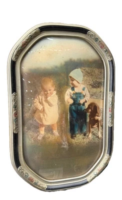 Marco de fotos octágono de madera antiguo vidrio burbuja convexo Art Deco niños y perros Foto 1 de 4