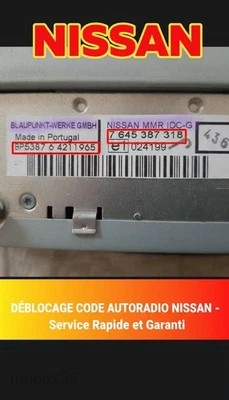 🔓 DÉBLOCAGE CODE AUTORADIO NISSAN BLAUPUNKT 🔧 SERVICE RAPIDE 🚗 - Photo 1/3