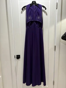 Vtg 70s Purple Rhinestone Western Vibes Dress Polyester Big Collar Maxi Dress - Picture 1 of 12