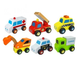Viga Wooden Mini Vehicles (6 piece set)(Ambulance, Digger, Taxi, Police Car, Fir - Bild 1 von 2