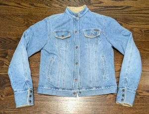 Ruff Hewn Sherpa Lined Denim Jean Jacket Women's Size Medium Sleeve Map Print - Picture 1 of 3