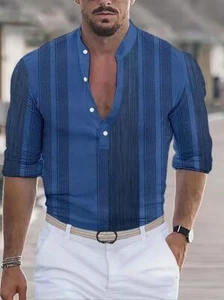 Button Down Shirt Men Pleated Light Blue Linen Solid Lightweight Collarless Soft - Picture 1 of 2