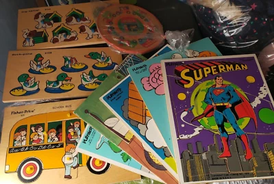 Lote de rompecabezas de madera vintage DC Comics Hanna-Barbera Playskool Superman Scooby-Do Foto 1 de 4
