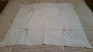 TABLE CLOTH-COTTON with LIGHT BROWN EMBROIDERED FLOWERS-33 X 32 in - Picture 1 of 1
