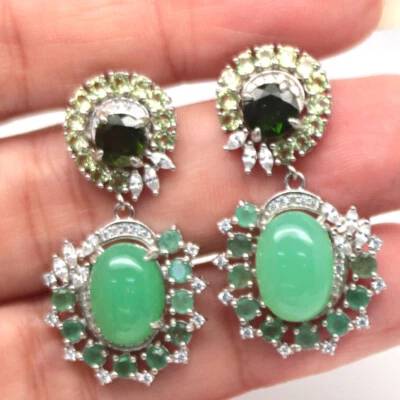 925 Silber Grüner Chrysopras, Chrom Diopsid, Peridot & Zirkonia Ohrringe - Bild 1 von 4