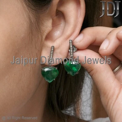 Women Jewelry Natural Pave Diamond Emerald Gemstone 925 Sterling Silver Earrings - Image 1 of 4