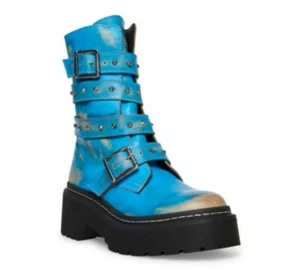 Steve Madden Sarge Blue Leather Combat Platform Zip Y2k Chunky Mid Calf Boots 10 - Picture 1 of 11
