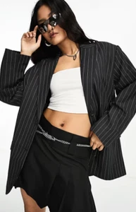 Weekday Aiden Oversized Pinstripe Blazer Dark Gray Shoulder Pads Women's 44 NEW - Picture 1 of 12