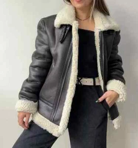 Women's RAF B3 GENIUNE SHEEP SKIN LEATHER PILOT FLYING AVIATOR JACKET FUR COAT - Picture 1 of 6