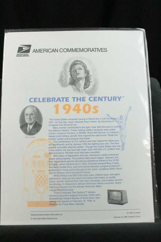 #3186 33c Celebrate the Century 1940's USPS #562 Commemorative Panel ST1529 - Image 1 of 3