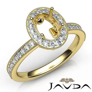 Milgrain Halo Pave Oval Semi Mount Diamond Engagement Ring 18k Yellow Gold 0.5Ct - Picture 1 of 7