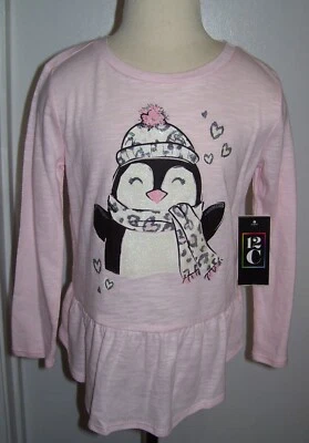 Girls 12C Pink Glitter Penguin Long Sleeve Shirt Top XS (4-5) - Image 1 of 3