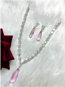 Pink Monalisa Necklace Set ,925 Sterling Silver Earring With Necklace , - Picture 1 of 5